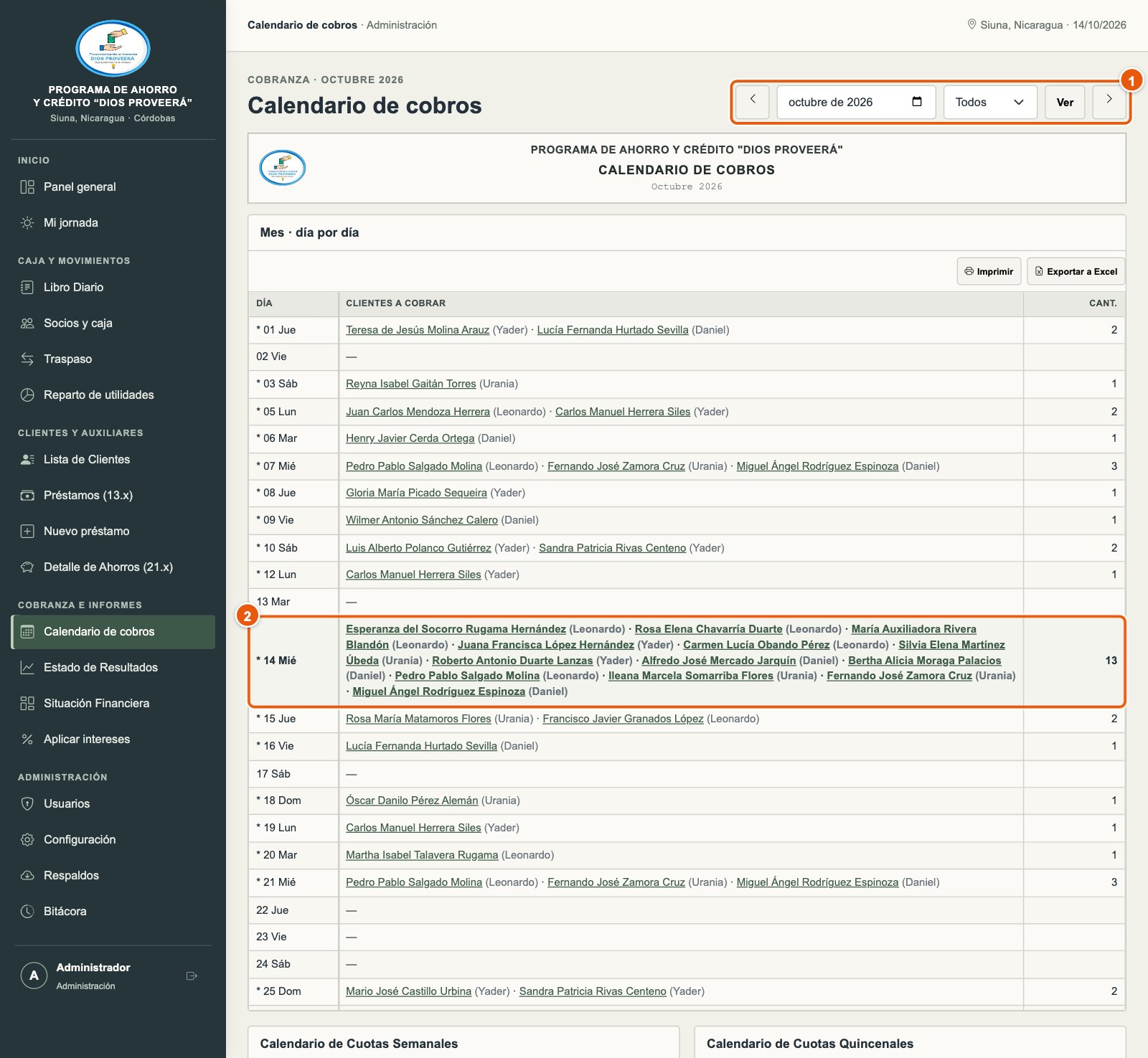 Calendario de cobros del mes