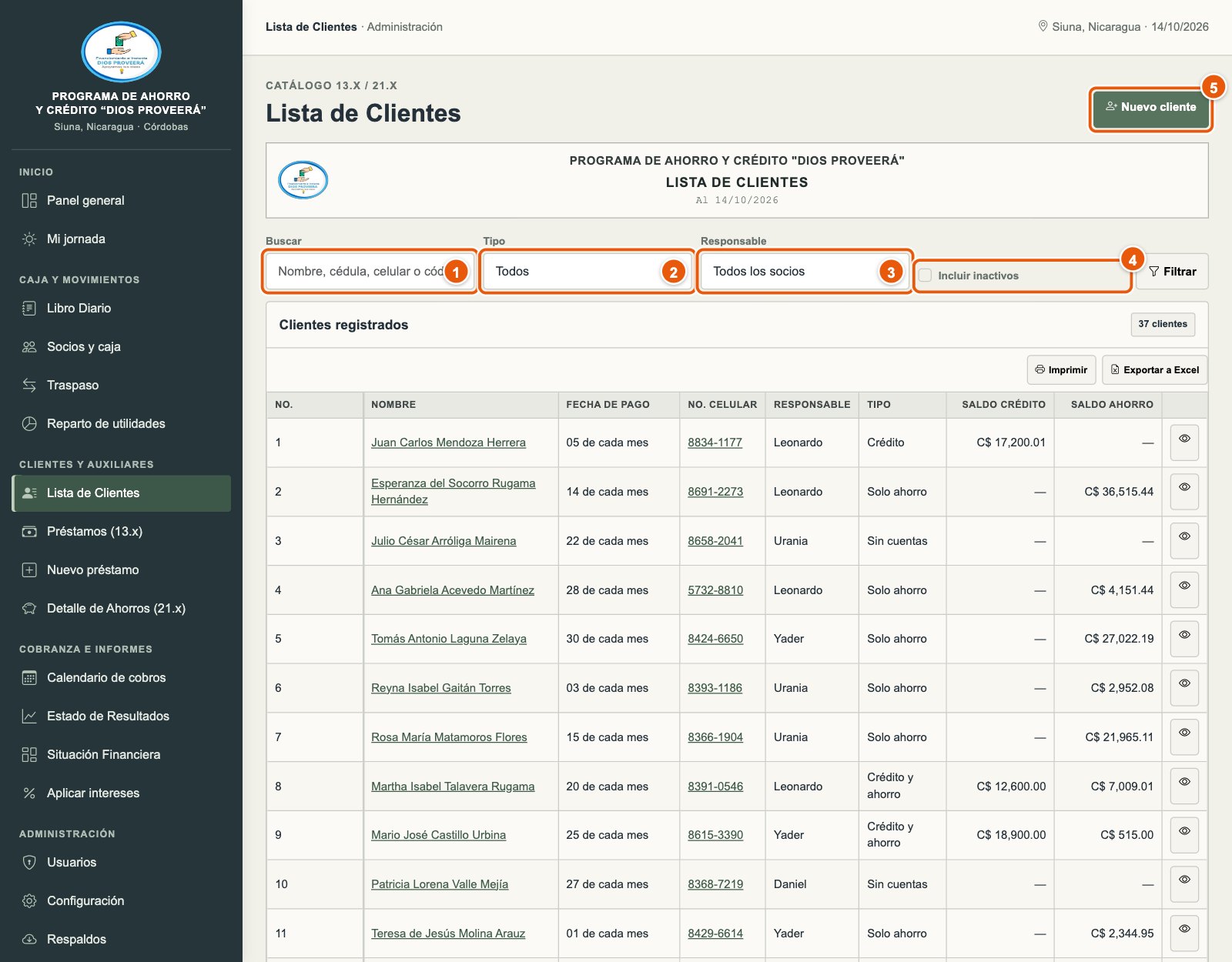 Lista de clientes con filtros
