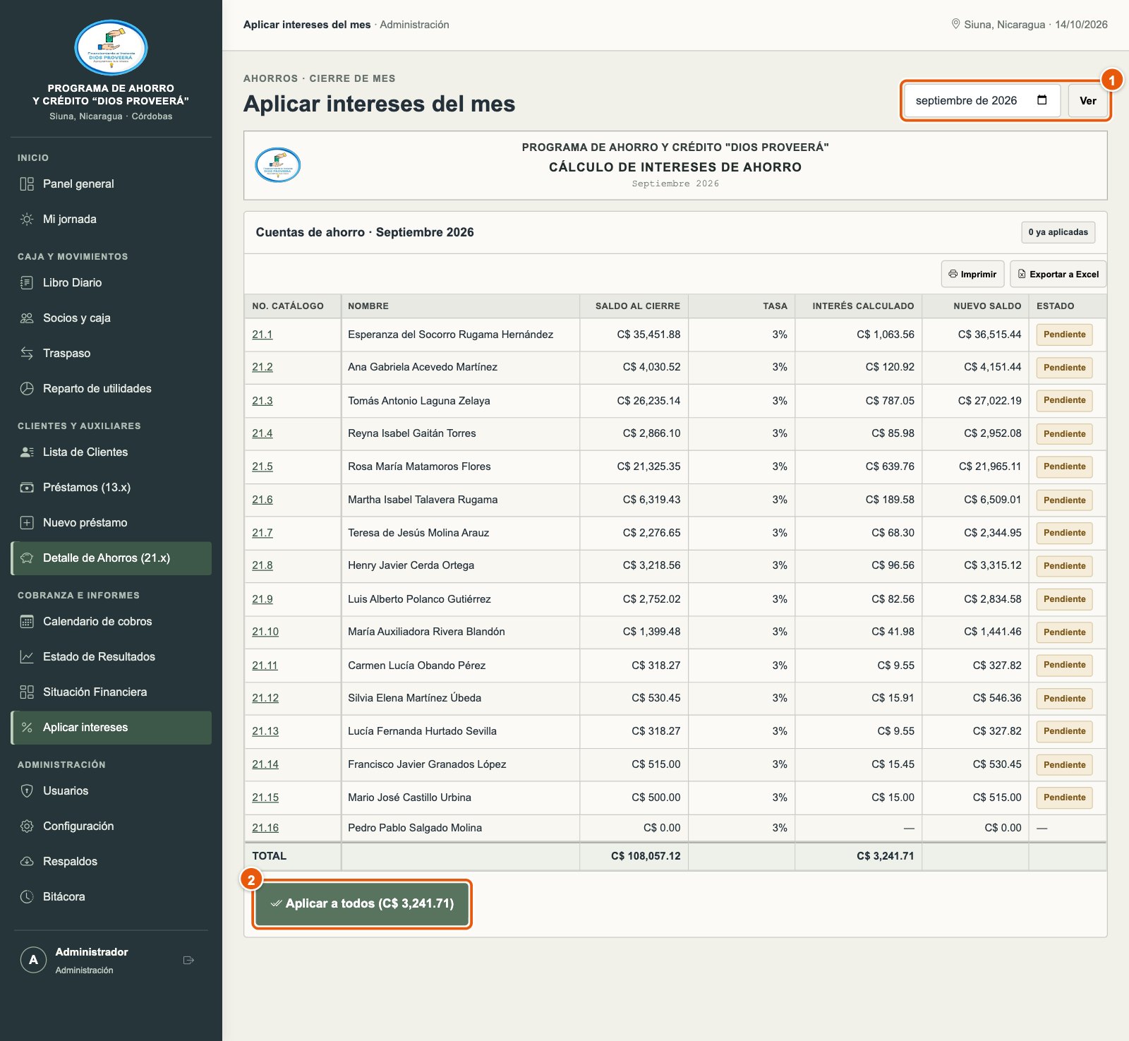 Cálculo de intereses de ahorro de un mes